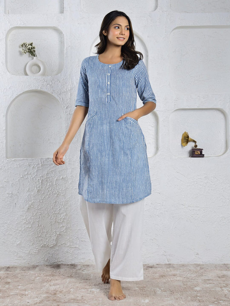 Buy Indigo Cotton Blend Kalidar Printed Kurta Palazzo Suit Set (Kurta,  Palazzo, Dupatta) for INR4197.00 | Biba India