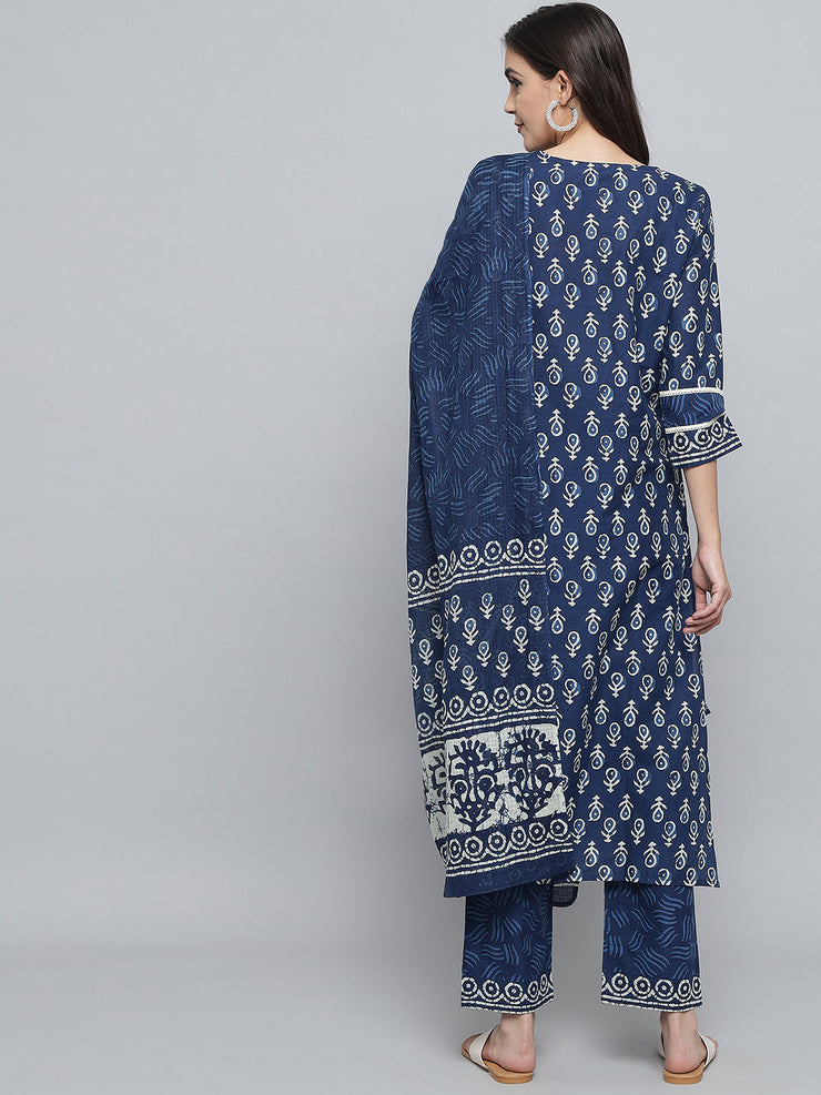 RangDeep Women Indigo Blue Booti Print Kurta Set Kurti Dupatta set Pant Rangdeep-Fashions 