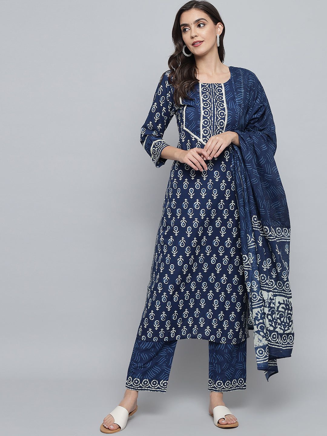 RangDeep Women Indigo Blue Booti Print Kurta Set Kurti Dupatta set Pant Rangdeep-Fashions 
