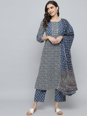 RangDeep Women Indigo Blue Printed Kurta Set Kurti Dupatta set Pant Rangdeep-Fashions 