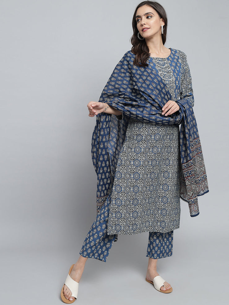 RangDeep Women Indigo Blue Printed Kurta Set Kurti Dupatta set Pant Rangdeep-Fashions 