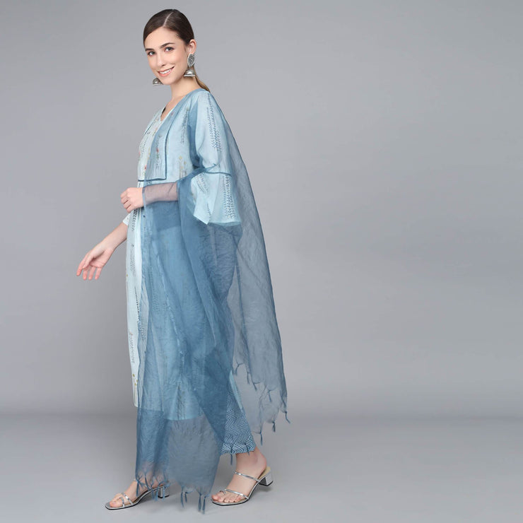 SKY BLUE MUSLIN WOMEN'S KURTA PAJAMA DUPATTA SET muslin kurta Rangdeep-Fashions 