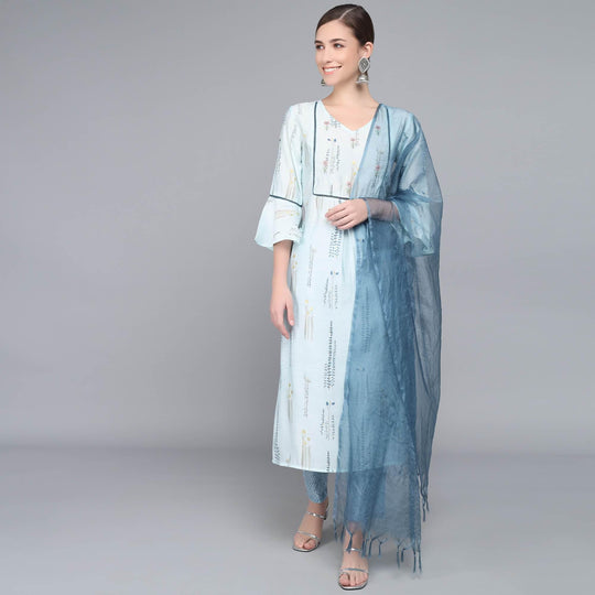 SKY BLUE MUSLIN WOMEN'S KURTA PAJAMA DUPATTA SET - SanskrutiHomes 