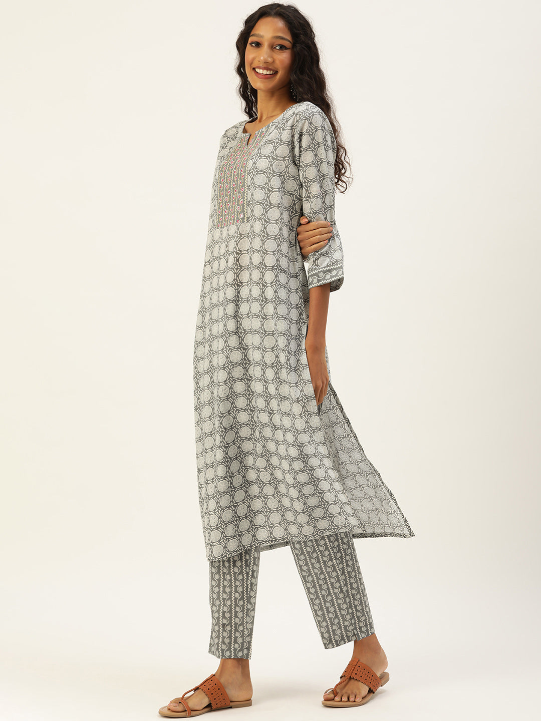 Women Grey Ethnic Motifs Printed Beads and Stones Pure Cotton Kurta with Trousers & With Dupatta Kurti Dupatta set Pant Rangdeep-Fashions 