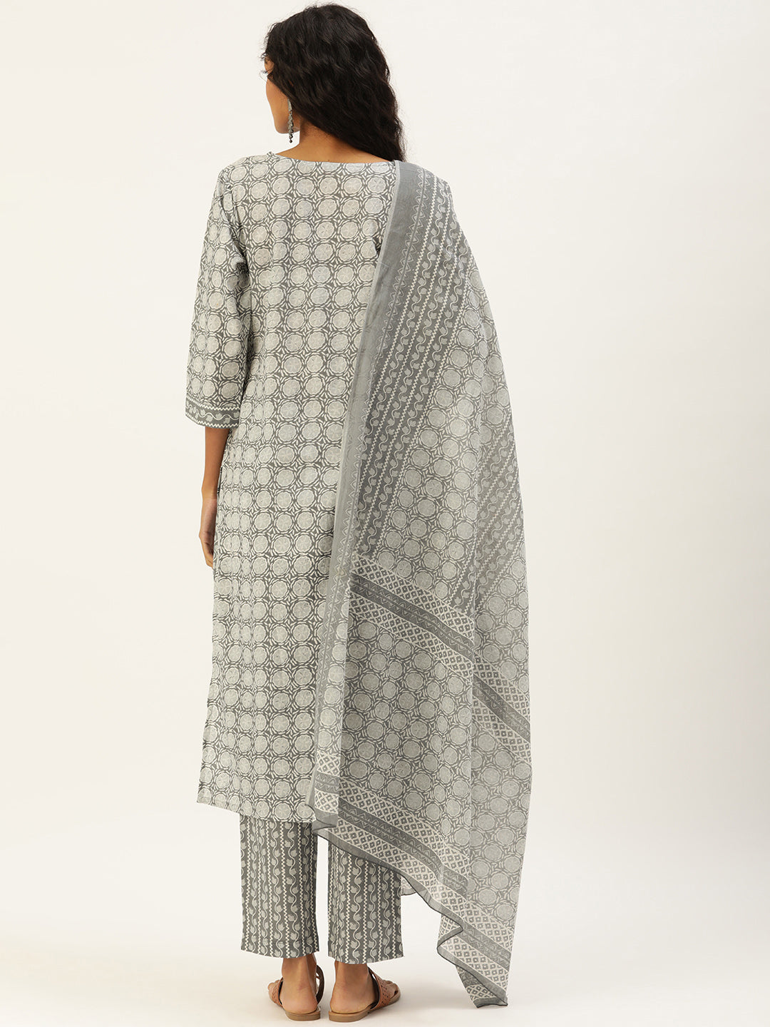 Women Grey Ethnic Motifs Printed Beads and Stones Pure Cotton Kurta with Trousers & With Dupatta Kurti Dupatta set Pant Rangdeep-Fashions 