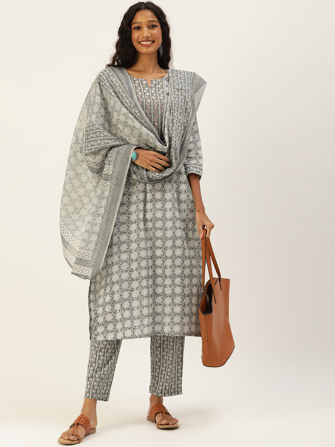 Women Grey Ethnic Motifs Printed Beads and Stones Pure Cotton Kurta with Trousers & With Dupatta Kurti Dupatta set Pant Rangdeep-Fashions 