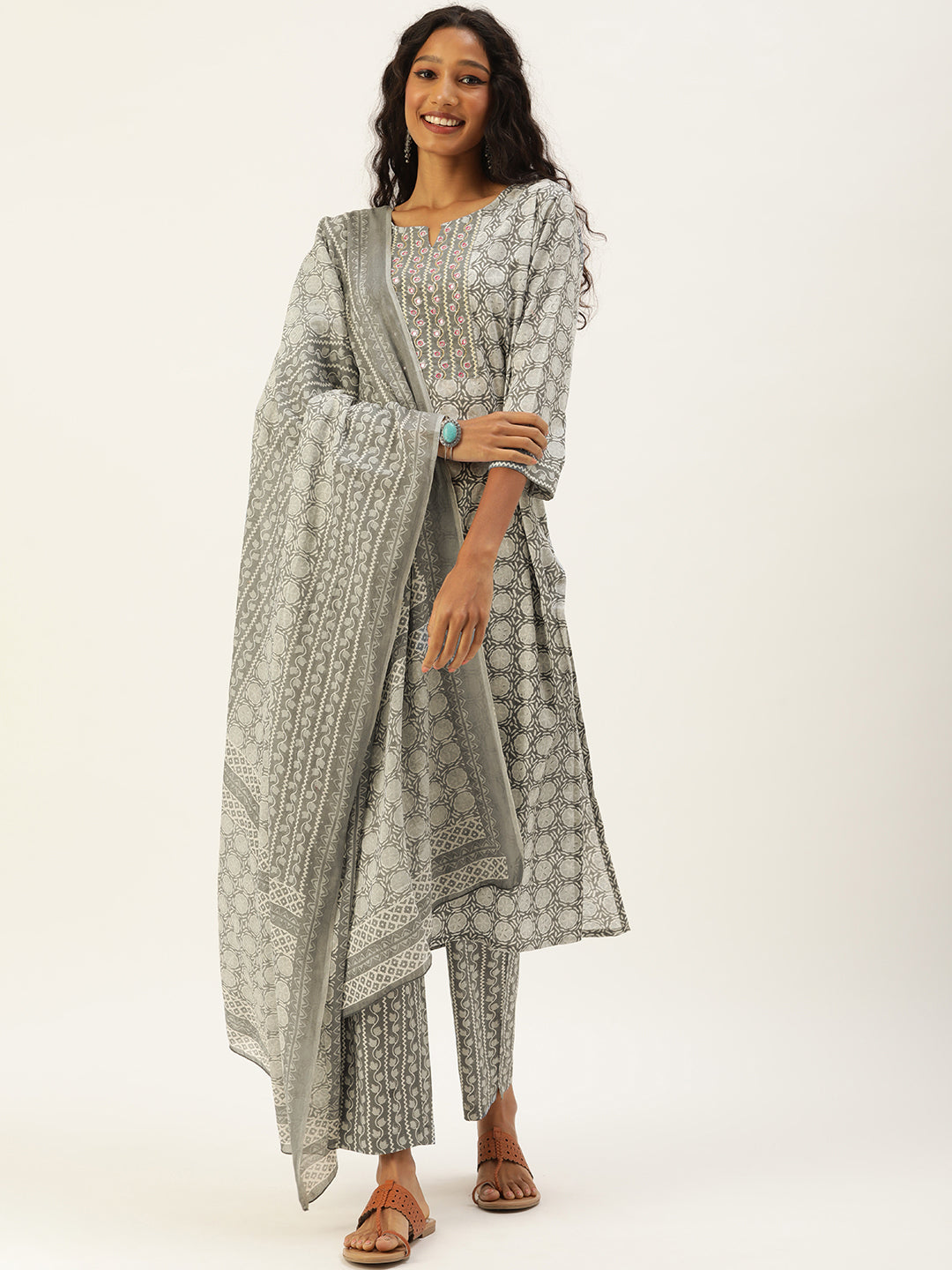 Women Grey Ethnic Motifs Printed Beads and Stones Pure Cotton Kurta with Trousers & With Dupatta Kurti Dupatta set Pant Rangdeep-Fashions 