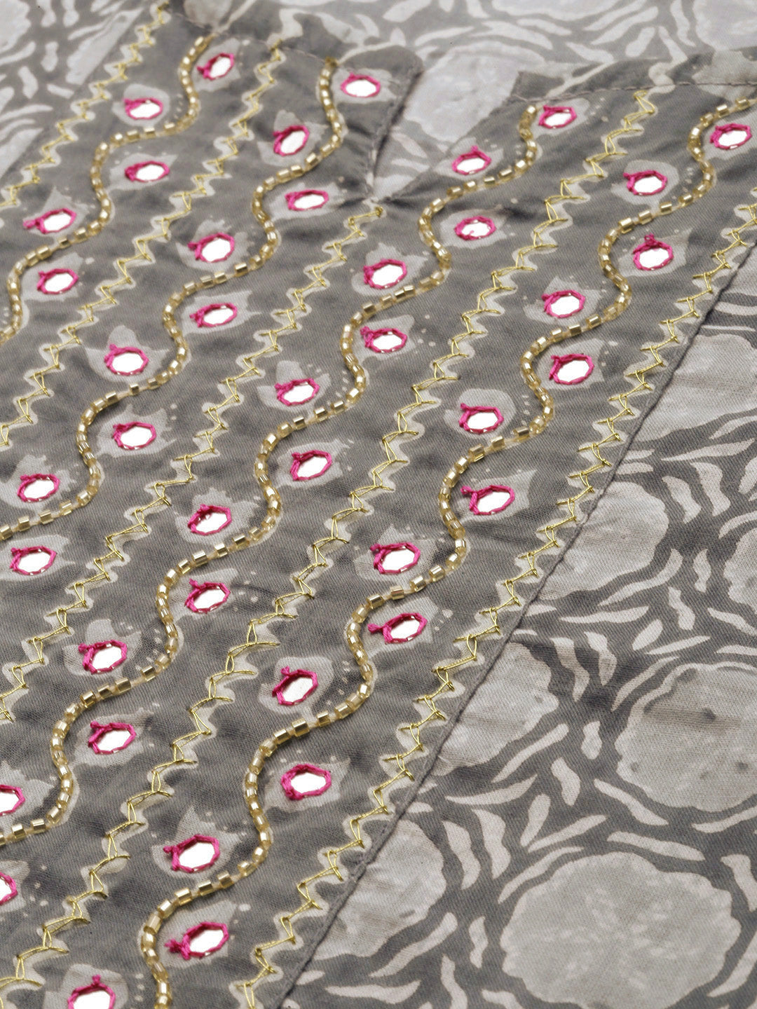 Women Grey Ethnic Motifs Printed Beads and Stones Pure Cotton Kurta with Trousers & With Dupatta Kurti Dupatta set Pant Rangdeep-Fashions 