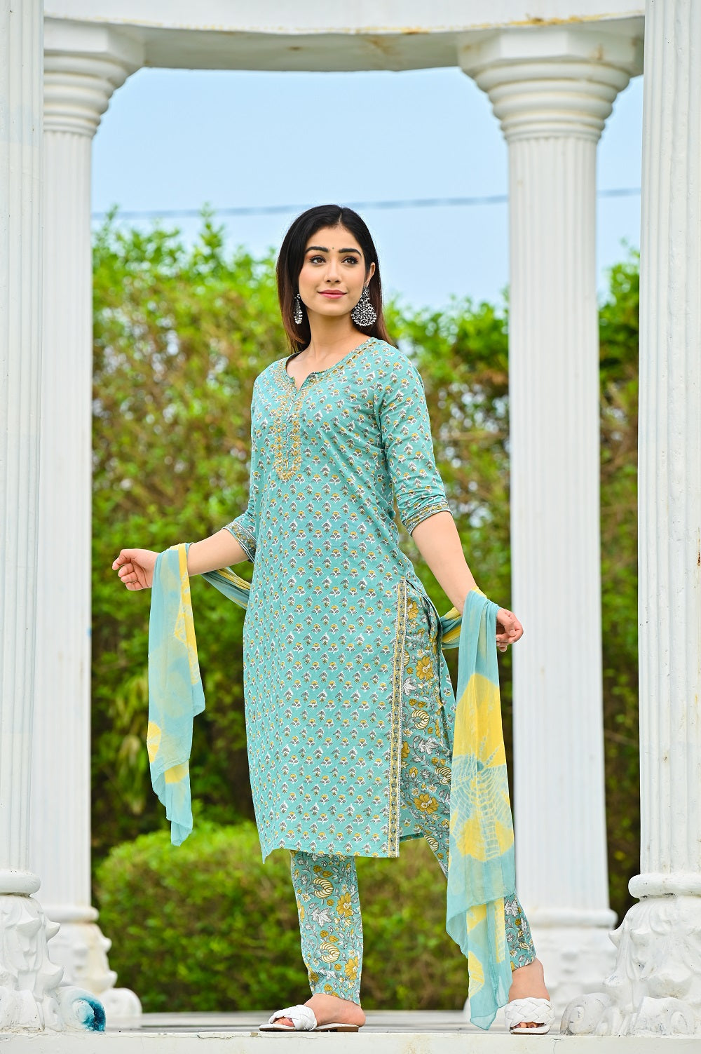 Women Olive Green Ethnic Motifs Printed Sequinned Pure Cotton Kurta with Trousers & With Dupatta Kurti Dupatta set Pant Rangdeep-Fashions 