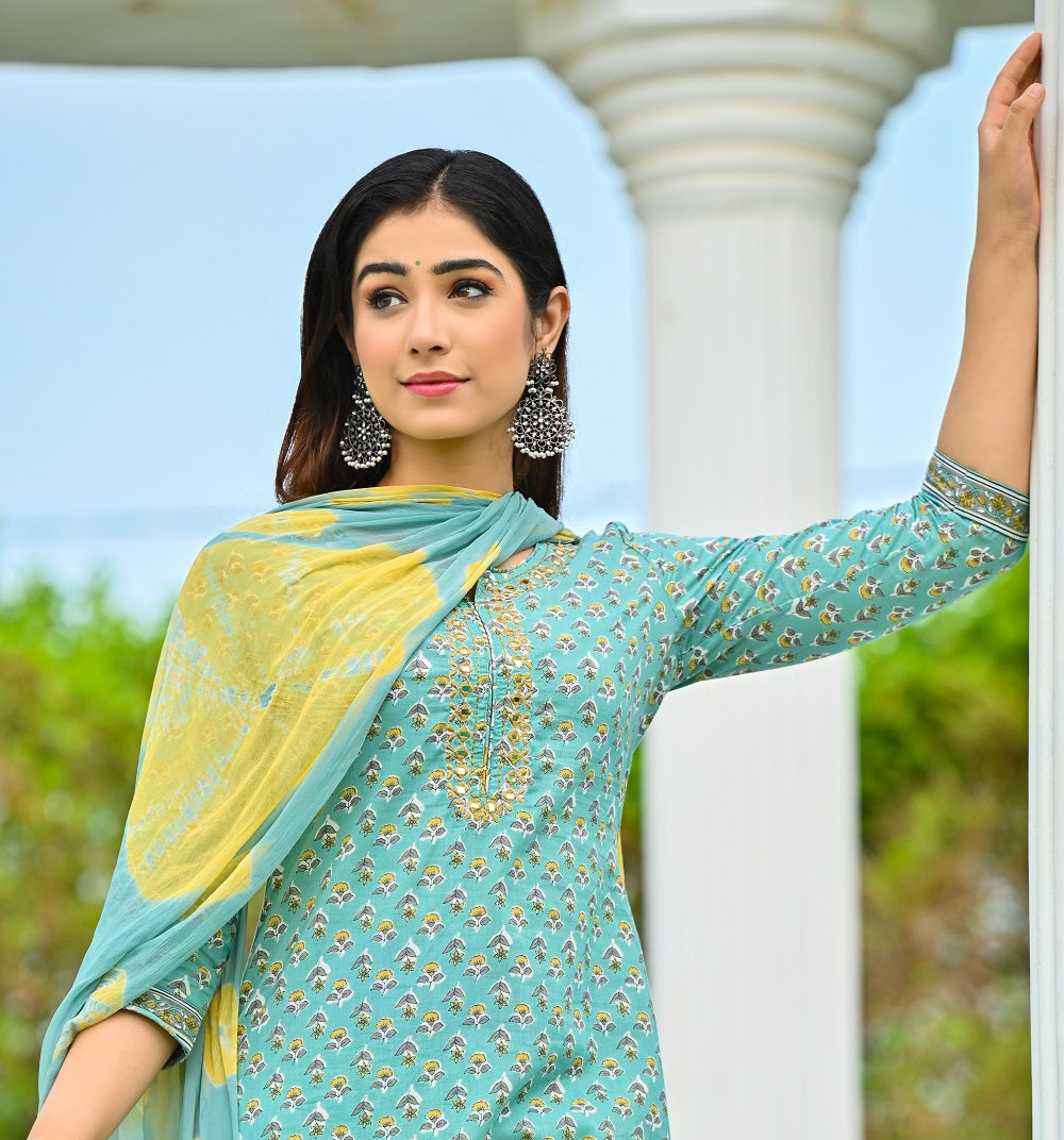 Women Olive Green Ethnic Motifs Printed Sequinned Pure Cotton Kurta with Trousers & With Dupatta Kurti Dupatta set Pant Rangdeep-Fashions 