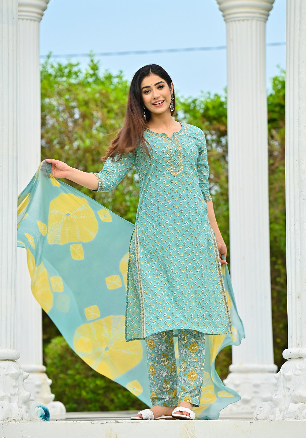 Women Olive Green Ethnic Motifs Printed Sequinned Pure Cotton Kurta with Trousers & With Dupatta Kurti Dupatta set Pant Rangdeep-Fashions 