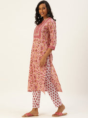 Women Pink Ethnic Motifs Printed Thread Work Pure Cotton Kurta with Trousers & With Dupatta Kurti Dupatta set Pant Rangdeep-Fashions 