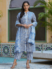 Women Pure Cotton 3pcs kurta set Kurti Dupatta set Pant Rangdeep-Fashions 