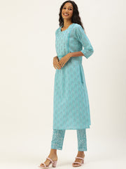 Women Sea Green Ethnic Motifs Printed Mirror Work Pure Cotton Kurta with Trousers & With Dupatta Kurti Dupatta set Pant Rangdeep-Fashions 