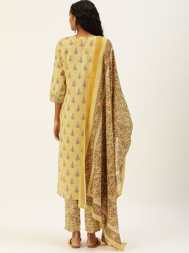 Women Yellow Pure Cotton Ethnic Printed Gotta Patti Kurta with Trousers & Dupatta Kurti Dupatta set Pant Rangdeep-Fashions 